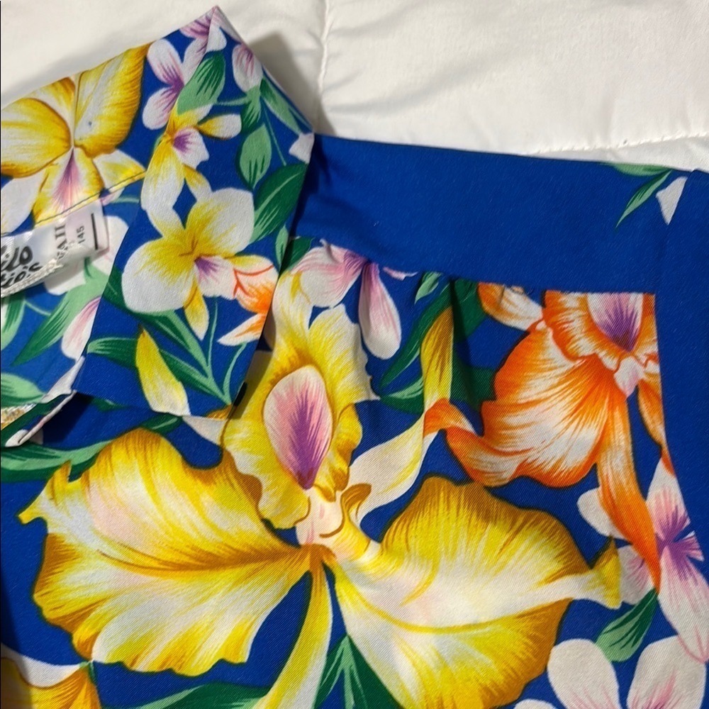 Hilo Hattie’s Hawaii Luau Tropical Floral Blue Hawaiian Shirt Vintage - Picture 5 of 6
